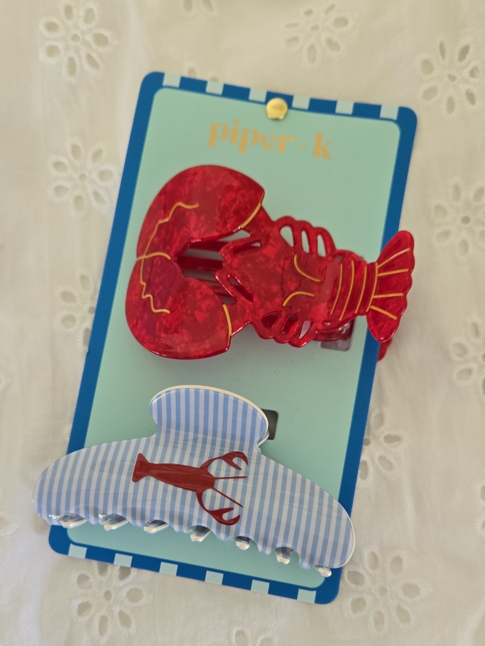 Piper K LOBSTER Red and Blue Hair Clips Coastal Vibe New